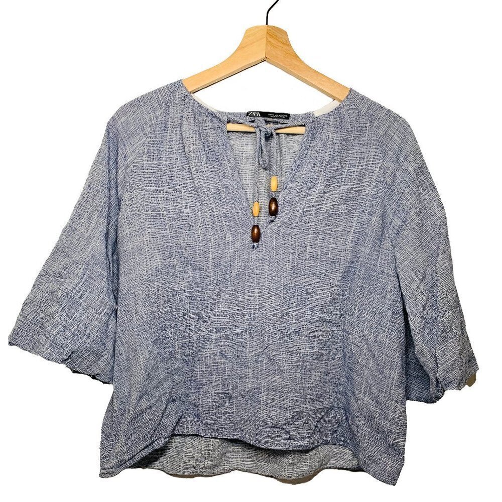 Zara 3/4 Sleeves Blue Blouse With Strings Size M